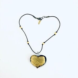 MEDALLION Handmade Glass and Cord Heart Necklace, black and gold